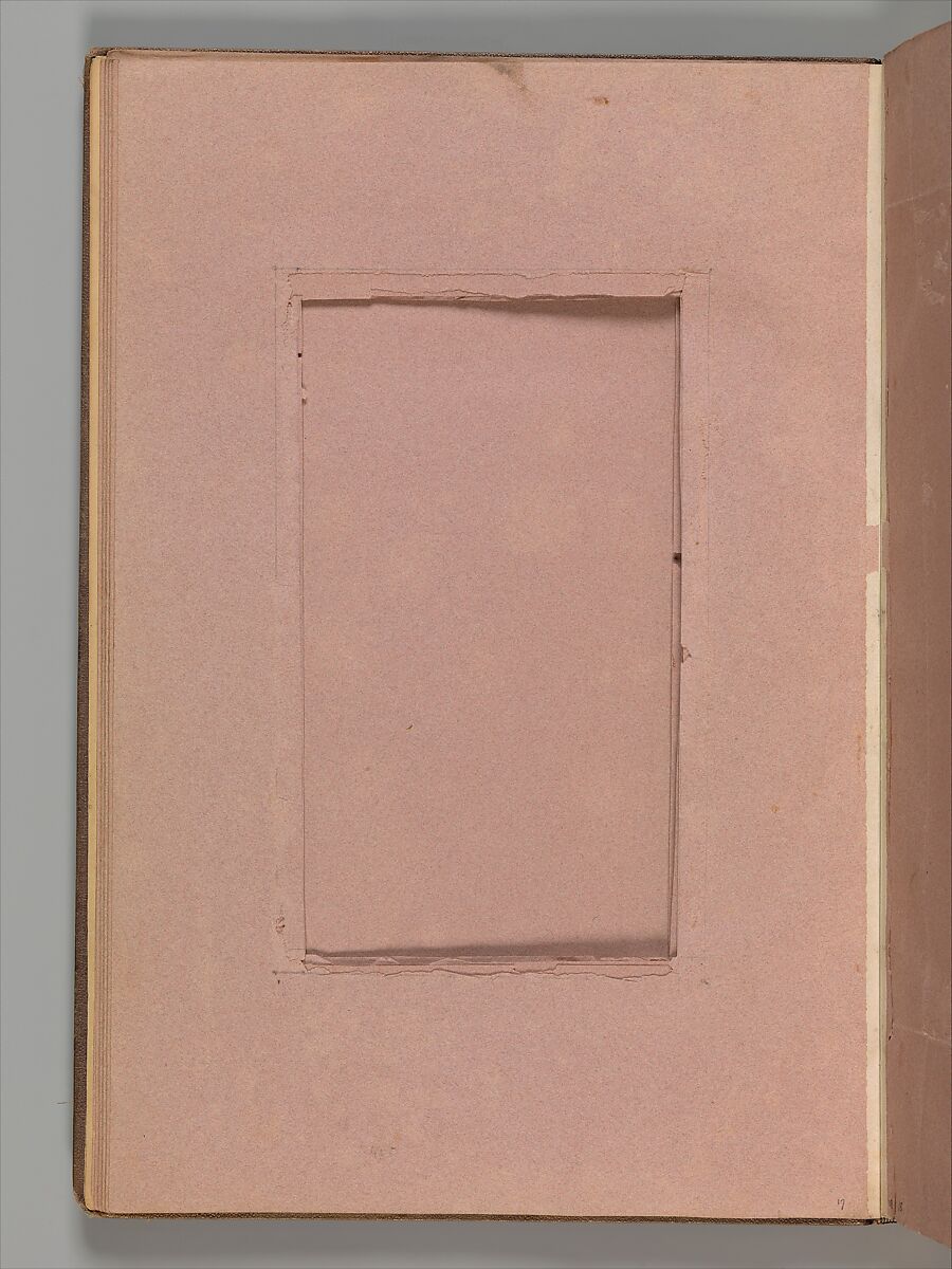 Empty Album that formerly housed a group of 50 Goya drawings, Brown buckram covers with a brown leather spine, forty-two pink paper leaves (from which Goya's drawings were removed in 1935)