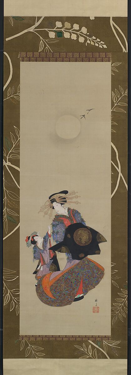 Beauty of the Yoshiwara with Apprentice in Moonlight, Teisai Hokuba (Japanese, 1771–1844), Hanging scroll; ink, color, and gold on silk, Japan 