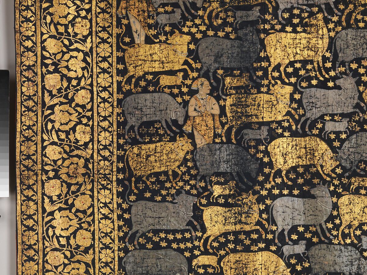 Pichhwai for the Festival of Cows, Painted and printed gold and silver leaf and opaque watercolor on indigo-dyed cotton, India, Deccan, Aurangabad (?)
