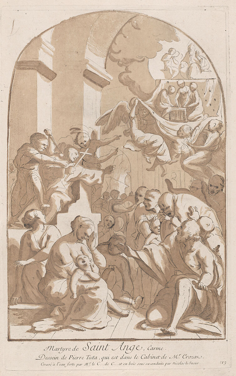 The martyrdom of Saint Angelo who in the upper left is being stabbed watched by horrified onlookers, from the 'Cabinet Crozat', Anne Claude Philippe de Tubières, comte de Caylus (French, Paris 1692–1765 Paris), Etching and aquatint imitating a chiaroscuro woodcut, printed in brown 