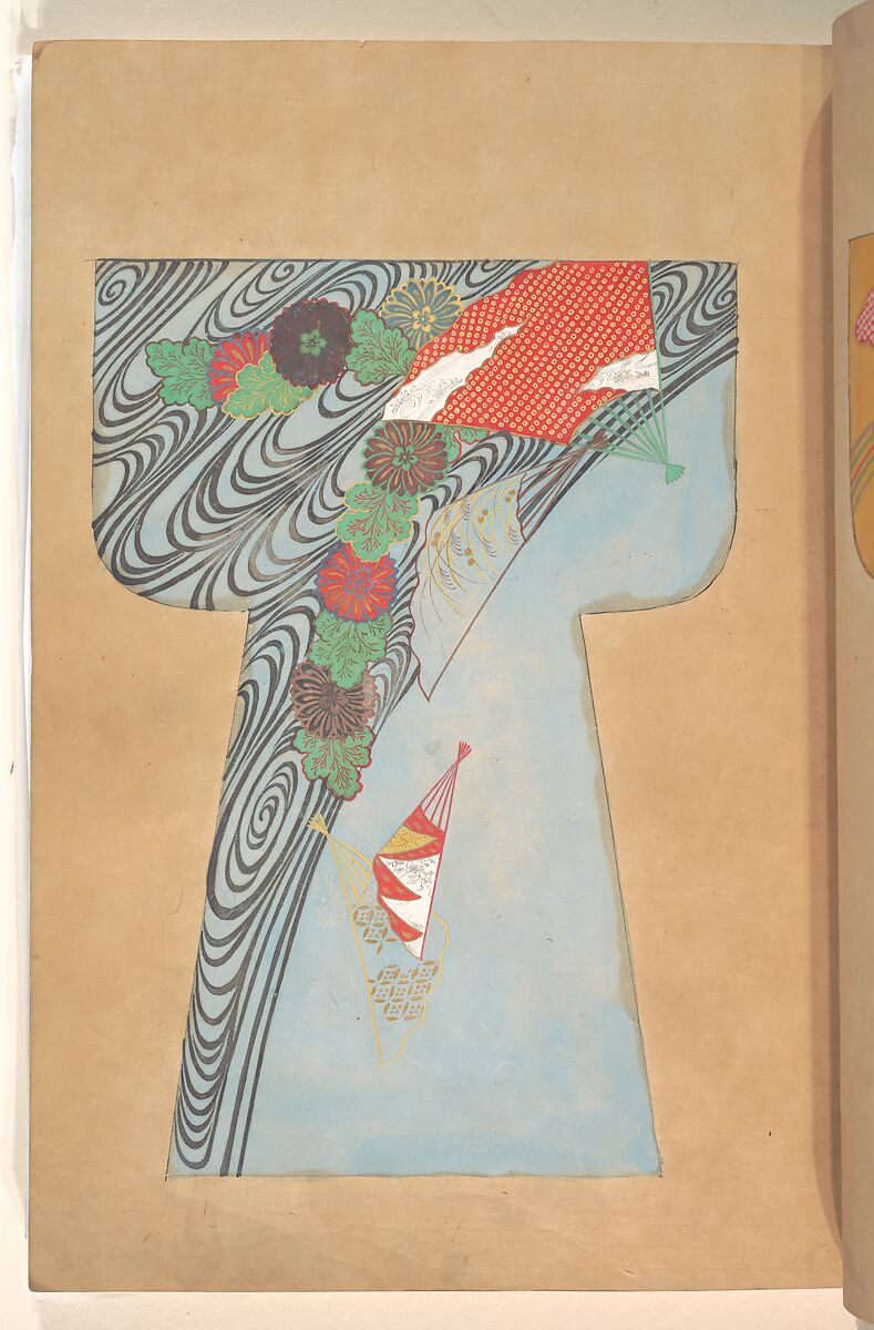 Book of Painted Kosode Patterns, One of a set of two hand-painted albums; ink, color, gold, and silver on paper, Japan