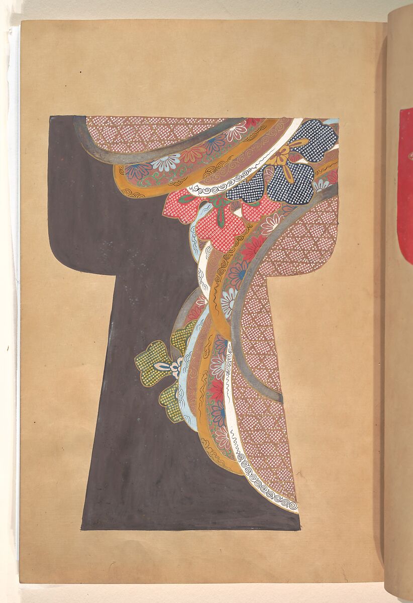 Book of Painted Kosode Patterns, One of a set of two hand-painted albums; ink, color, gold, and silver on paper, Japan