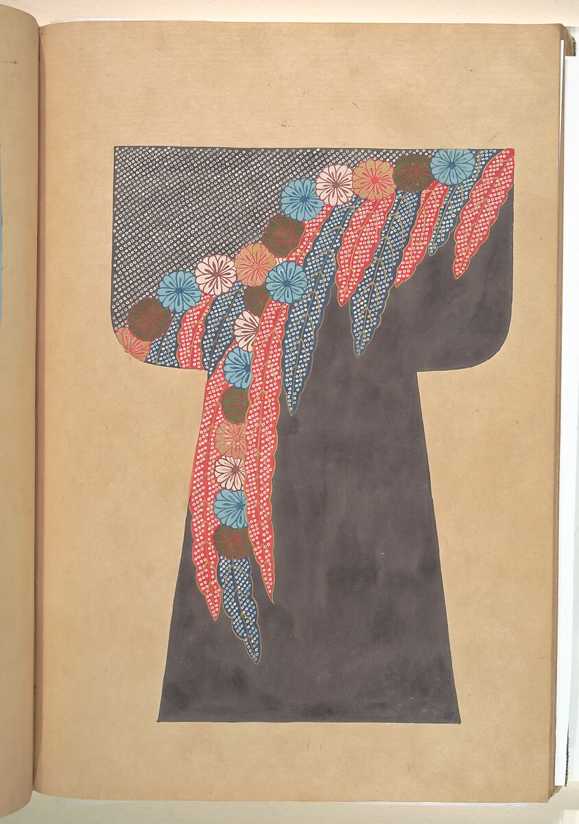 Book of Painted Kosode Patterns, One of a set of two hand-painted albums; ink, color, gold, and silver on paper, Japan