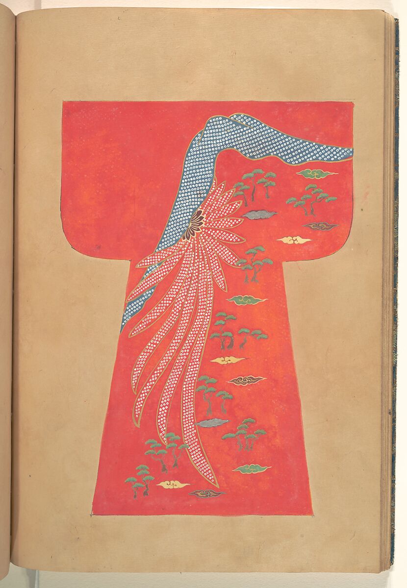 Book of Painted Kosode Patterns, One of a set of two hand-painted albums; ink, color, gold, and silver on paper, Japan