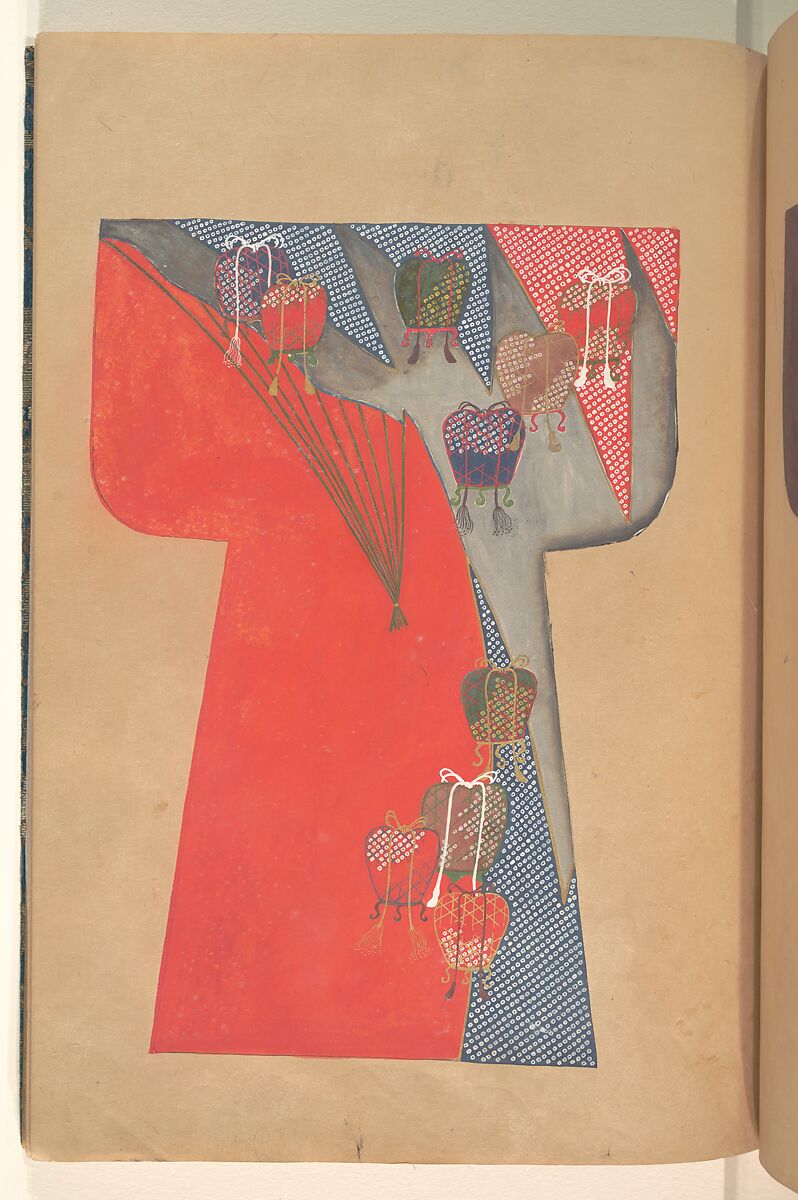 Book of Painted Kosode Patterns, One of a set of two hand-painted albums; ink, color, gold, and silver on paper, Japan