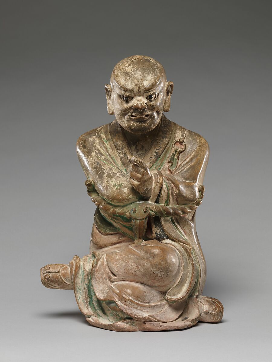 Luohan with an armrest, Stoneware with pigments, China 