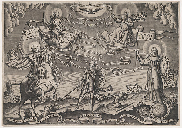 The triumph of faith, a soldier standing in centre holding shield adorned with arms of  Alva; Holy Trinity above, St James Major on horseback at left