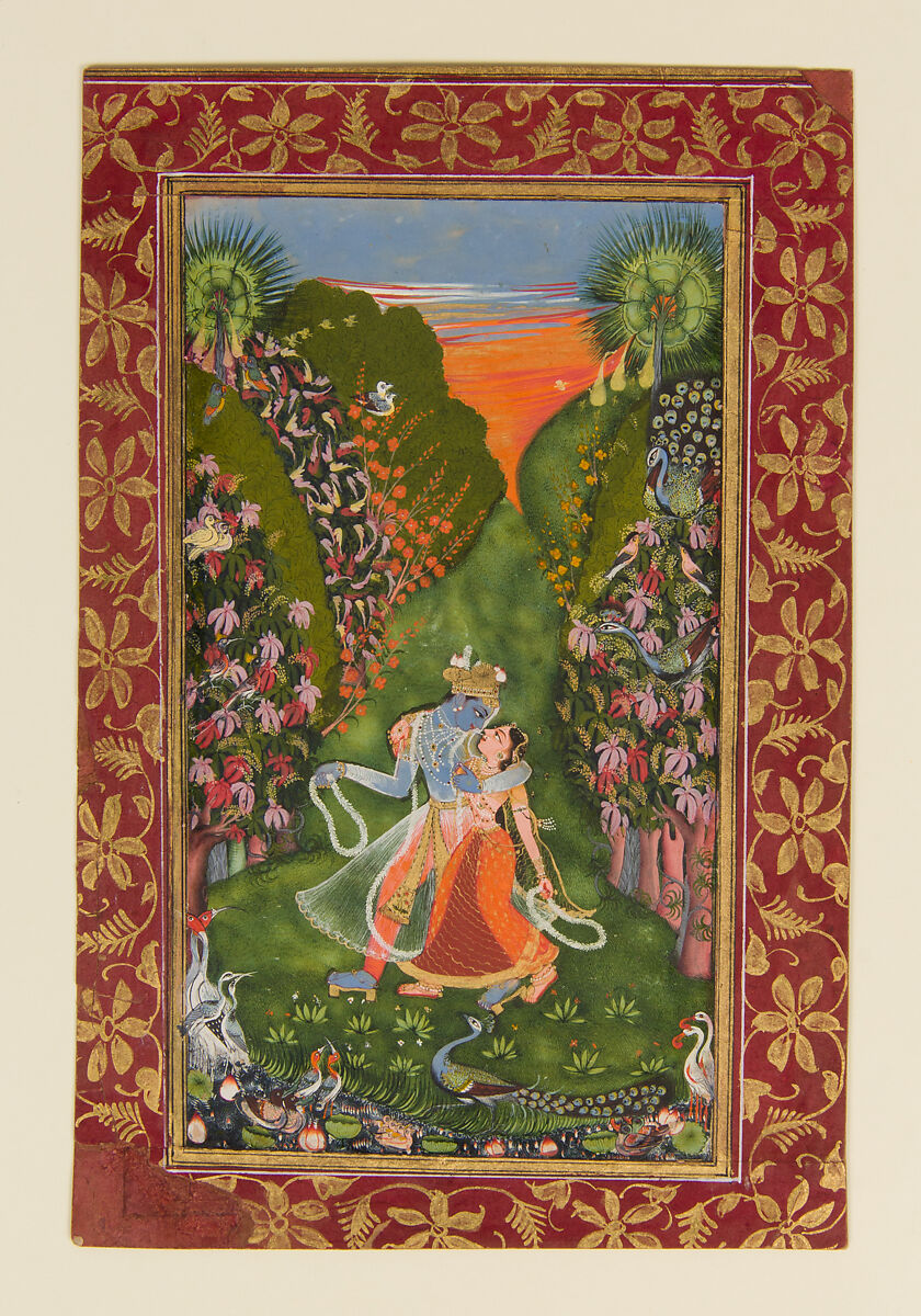 Radha and Krishna Walk in a Flowering Grove
 (recto); Krishna Fluting (verso), the Kota Master (Indian, active early 18th century), Ink, opaque watercolor, and gold on paper, India (Rajasthan, Kota) 