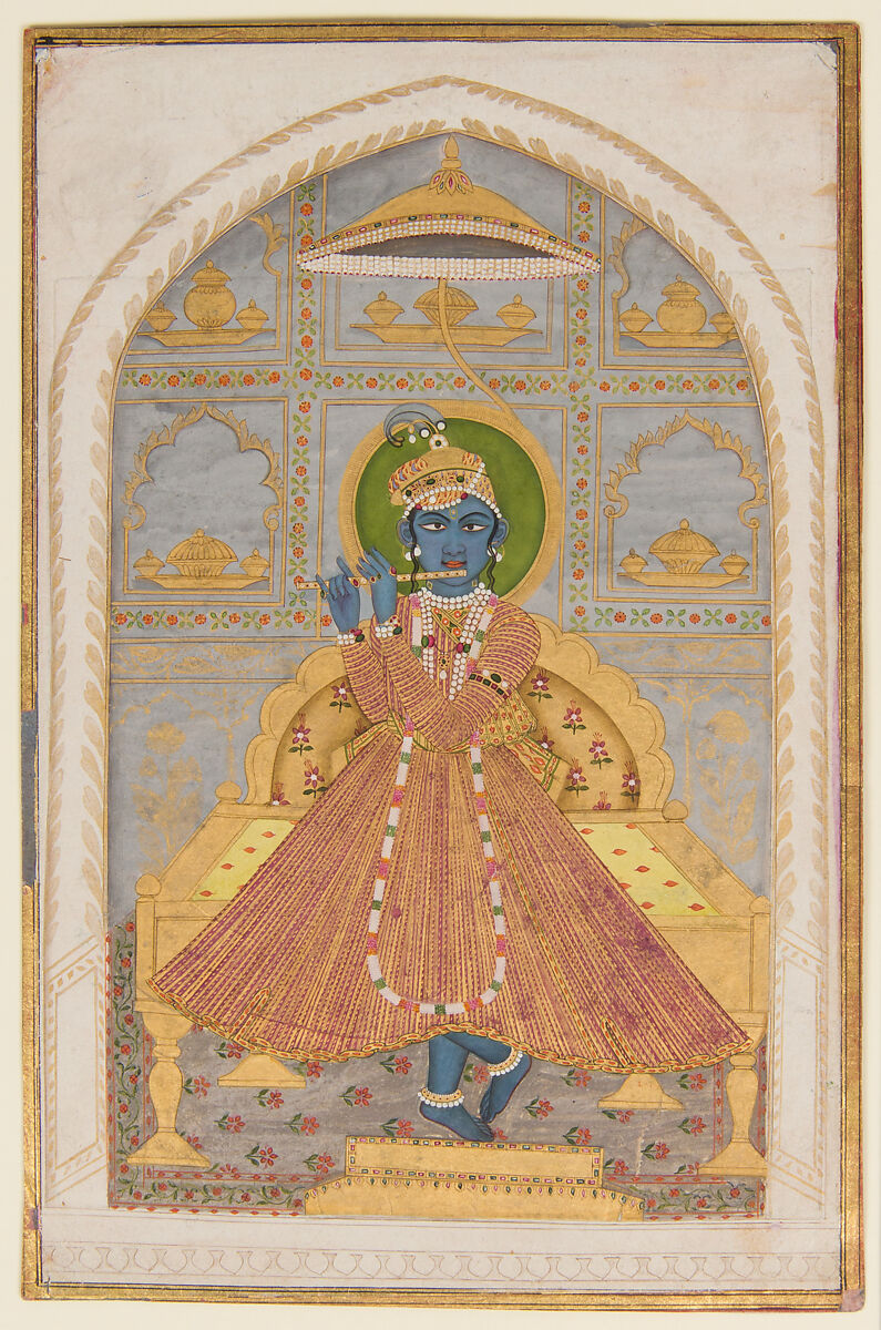 Radha and Krishna Walk in a Flowering Grove
 (recto); Krishna Fluting (verso), the Kota Master (Indian, active early 18th century), Ink, opaque watercolor, and gold on paper, India (Rajasthan, Kota)