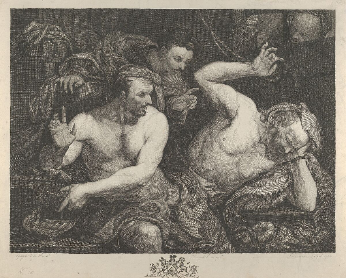 Joseph Interpreting the Dreams of Pharoah's Chief Butler and Baker, Alexander Bannerman (British, born Cambridge ca. 1730, active through 1792), Etching and engraving; proof 