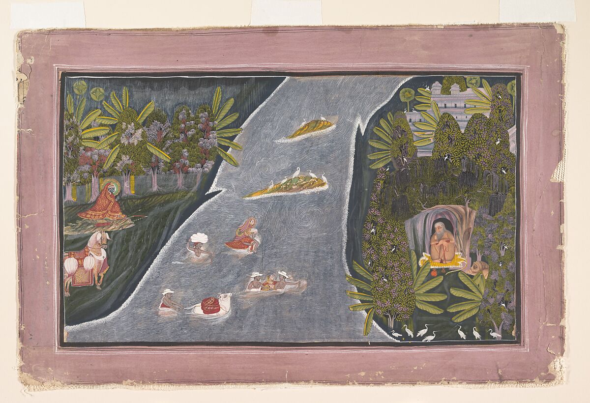 Radha Crosses a River to Interview a Hindu Sage, Chokha (Indian, active 1799–ca. 1826), Ink, opaque watercolor, silver, and gold on paper, India (Rajasthan, Mewar) 