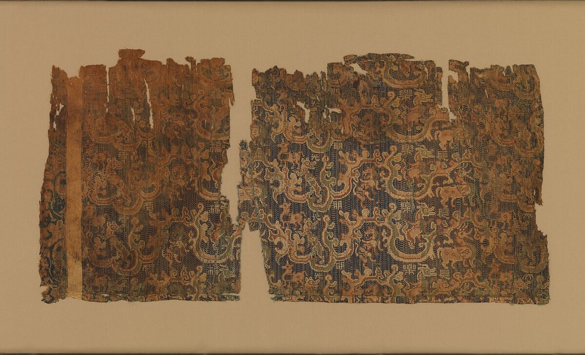 Textile with animals and woven inscription, Warp-faced compound plain weave silk, China 