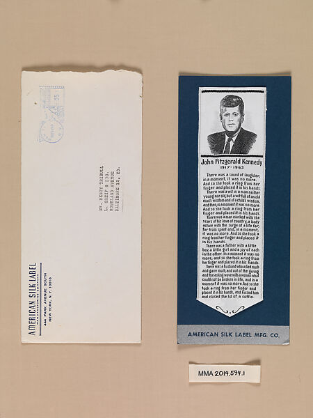 Silk label of John F. Kennedy, American Silk Label Manufacturing Company (1875–ca. 1990), Silk, woven, American 