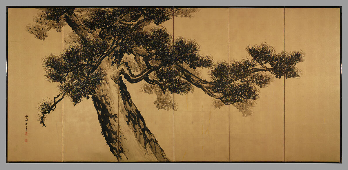 Aged Pines, Suzuki Shōnen (Japanese, 1849–1918), Pair of six-panel folding screens; ink on gold-leaf, Japan