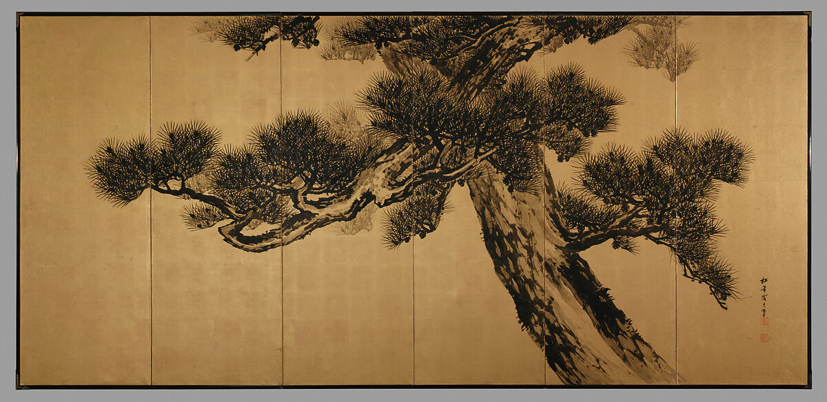 Aged Pines, Suzuki Shōnen 鈴木松年 (Japanese, 1849–1918), Pair of six-panel folding screens; ink on gold-leaf, Japan 