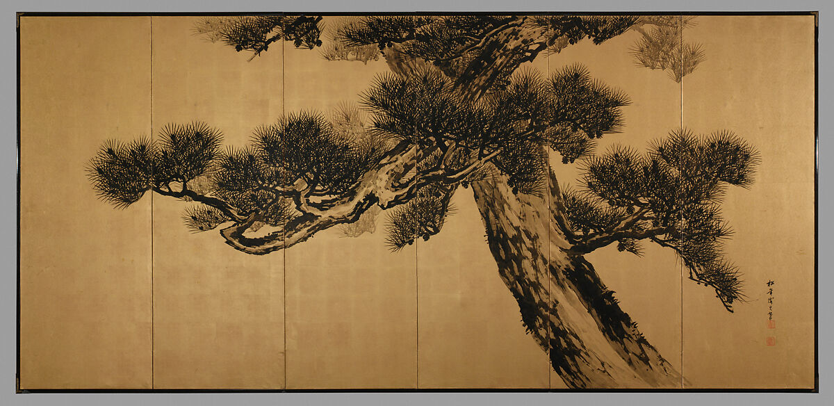 Aged Pines, Suzuki Shōnen 鈴木松年  Japanese, Pair of six-panel folding screens; ink on gold-leaf, Japan