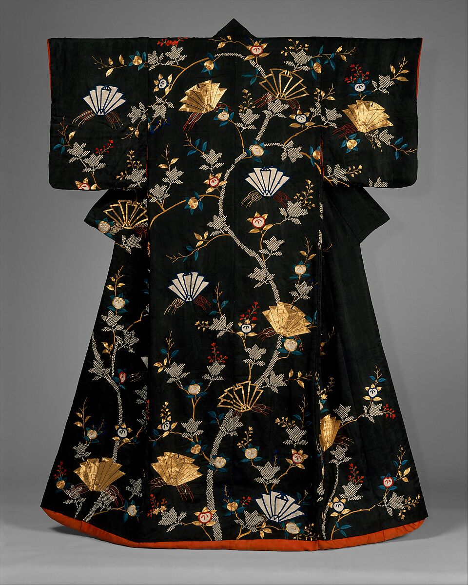 Outer Robe (Uchikake) with Mandarin Oranges and Folded-Paper Butterflies, Tie-dyed satin damask with silk embroidery and couched gold thread, Japan 