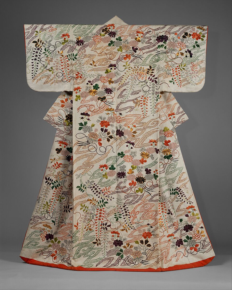 Outer Robe (Uchikake) with Chrysanthemum and Wisteria Bouquets, Silk and metallic-thread embroidery on resist-dyed and painted silk satin damask (rinzu), Japan 