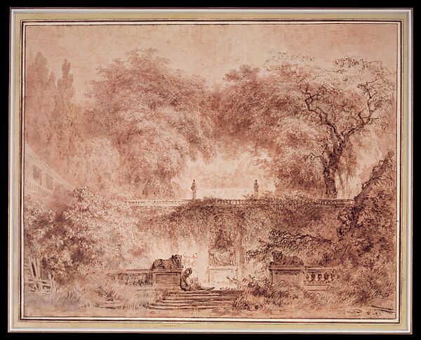 The Little Park, Jean Honoré Fragonard (French, Grasse 1732–1806 Paris), Pen and brown ink, with brush and brown and gray wash and some
white gouache (at lower left), over a red chalk counterproof 