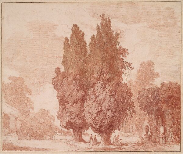 Two Cypresses in an Italian Garden, Jean Honoré Fragonard (French, Grasse 1732–1806 Paris), Two hues of red chalk with later framing lines in pen and brown ink 