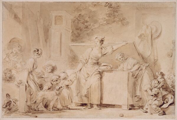 The Bread Box, Jean Honoré Fragonard (French, Grasse 1732–1806 Paris), Brown wash over black chalk underdrawing 