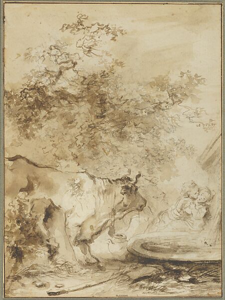 The Indiscreet Bull, Jean Honoré Fragonard (French, Grasse 1732–1806 Paris), Brown wash over black chalk underdrawing 