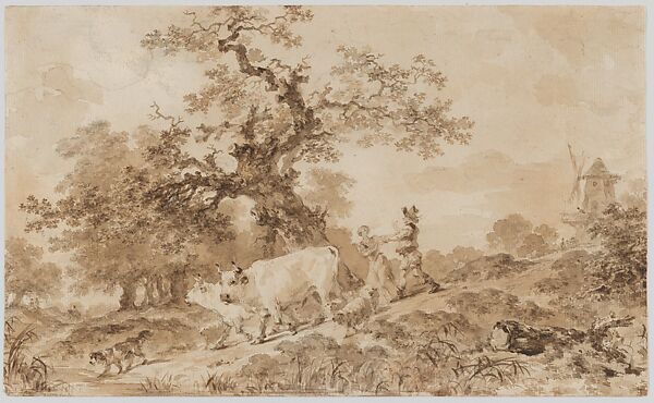The Return of the Herd, Jean Honoré Fragonard (French, Grasse 1732–1806 Paris), Brown wash over black chalk underdrawing 