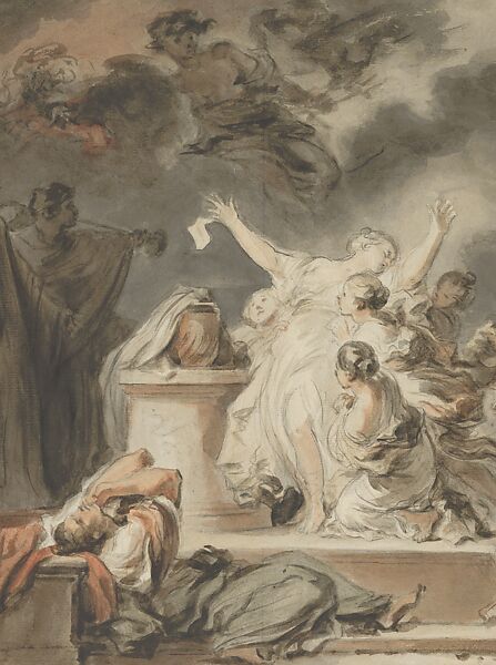 Young Athenian Women Drawing Lots, Jean Honoré Fragonard (French, Grasse 1732–1806 Paris), Brown and gray wash with red, yellow, and blue watercolor over black chalk underdrawing