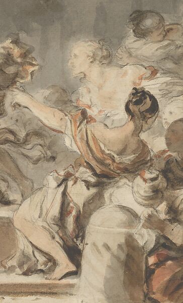 Young Athenian Women Drawing Lots, Jean Honoré Fragonard (French, Grasse 1732–1806 Paris), Brown and gray wash with red, yellow, and blue watercolor over black chalk underdrawing