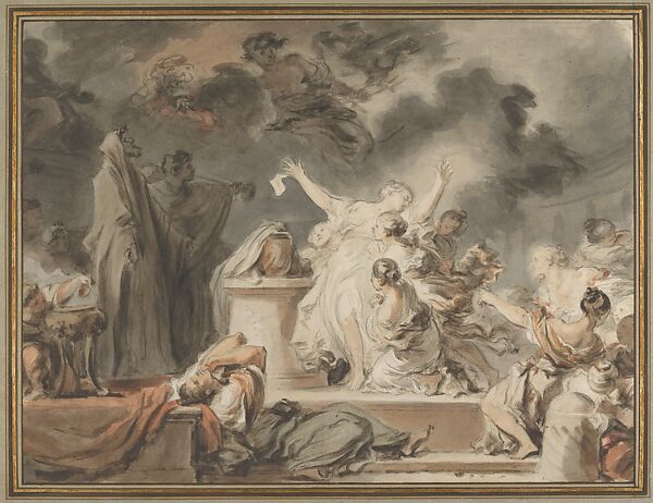 Young Athenian Women Drawing Lots, Jean Honoré Fragonard (French, Grasse 1732–1806 Paris), Brown and gray wash with red, yellow, and blue watercolor over black chalk underdrawing 