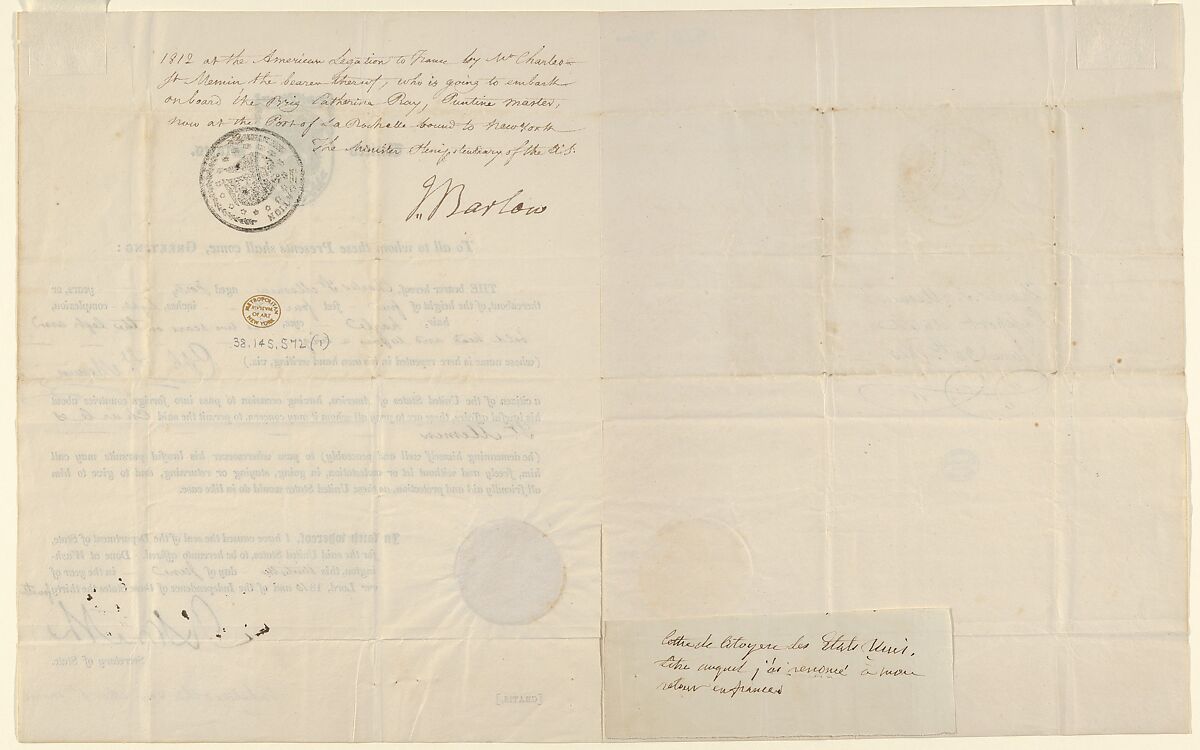 Charles Saint-Mémin's American Passport, Issued to Charles Balthazar Julien Févret de Saint-Mémin (French, Dijon 1770–1852 Dijon), Letterpress and pen and ink