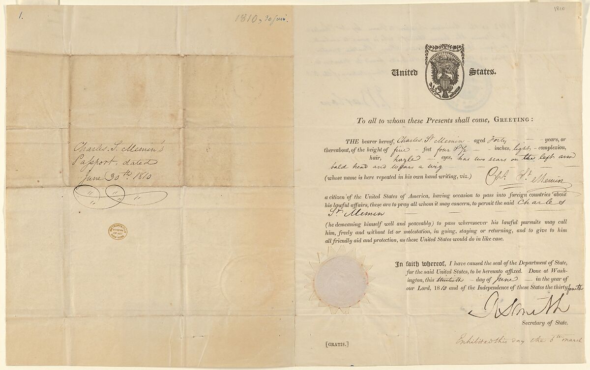 Charles Saint-Mémin's American Passport, Issued to Charles B. J. F. de Saint-Mémin (French, Dijon 1770–1852 Dijon), Letterpress and pen and ink 