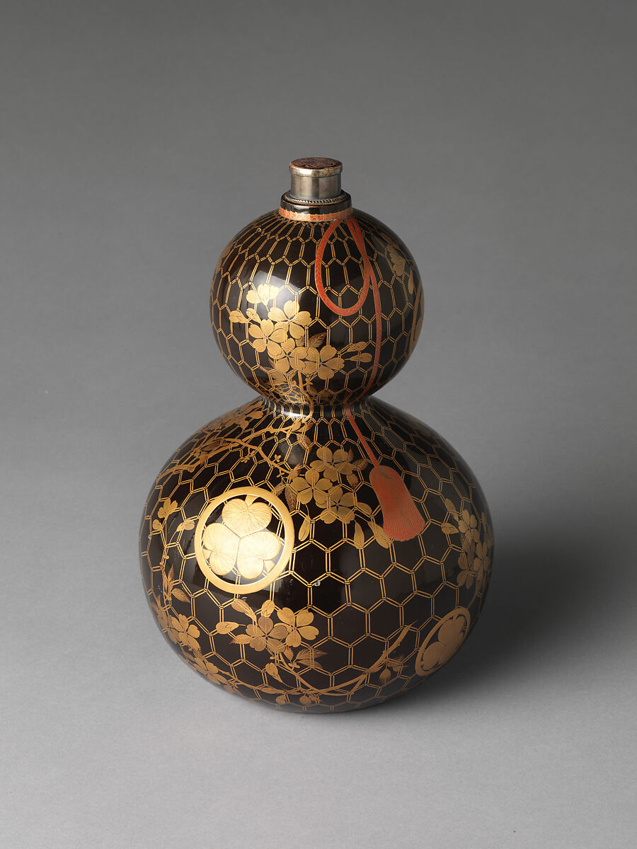 Gourd-shaped Sake Bottle with Cherry Branches, Net, and Tokugawa Family Crests, Lacquered wood with gold and silver hiramaki-e, and red lacquer, Japan 