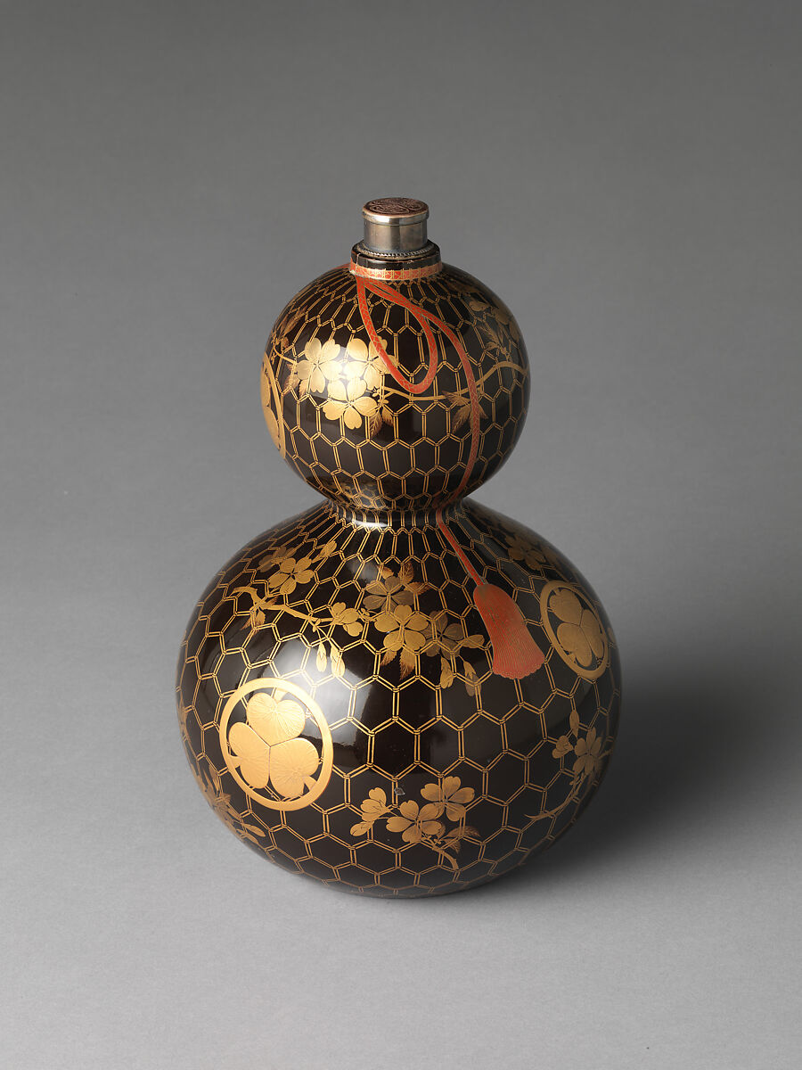Gourd-Shaped Sake Bottle (Tokkuri) with Tokugawa Family Crest, Net, and Cherry Blossoms, Lacquered wood with gold, silver, and red togidashimaki-e and hiramaki-e on black ground, Japan