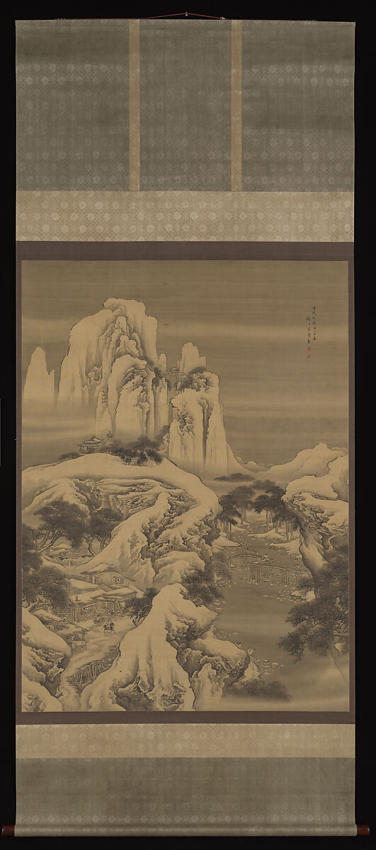 Inn and Travelers in Snowy Mountains, Yuan Yao (Chinese, active 1730–after 1778), Hanging scroll; ink and color on silk, China