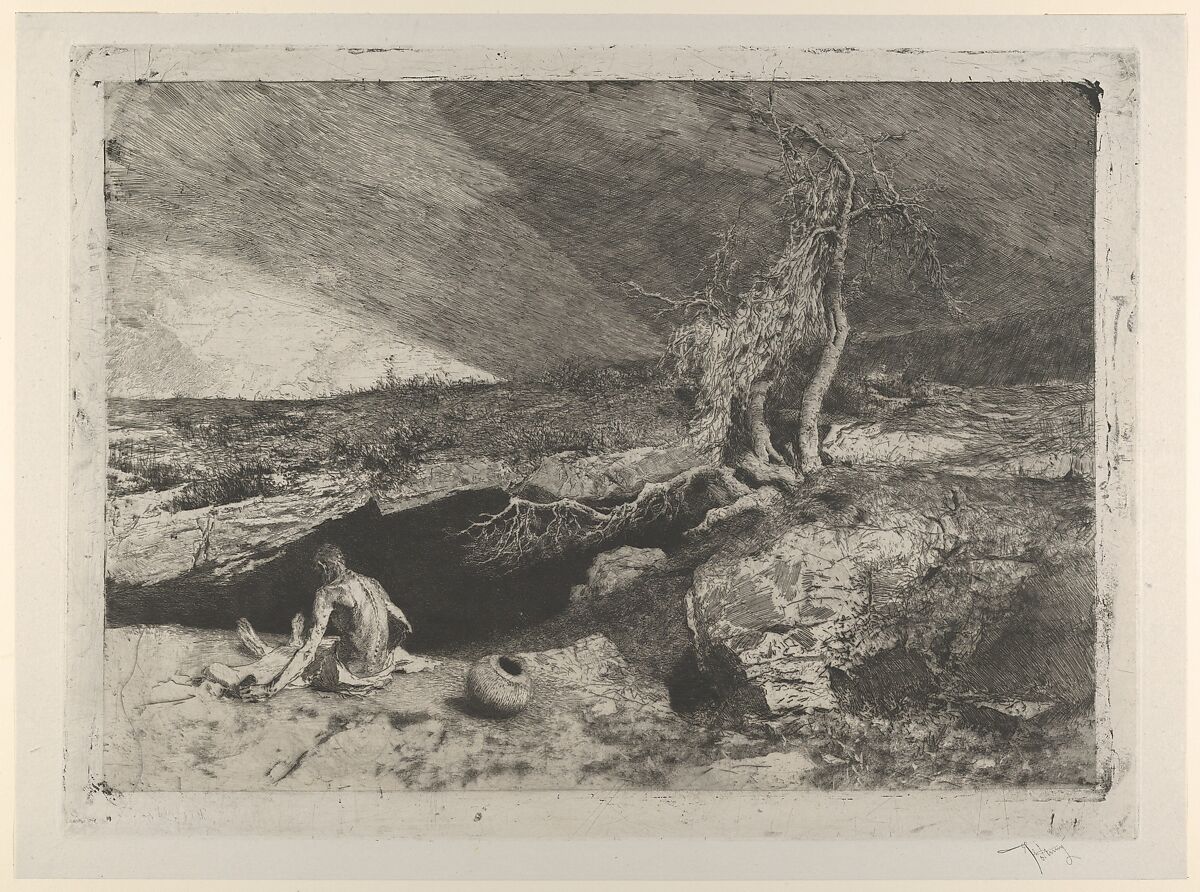 The Anchorite: a partially naked man seated at left in a landscape with what appears to be a long sheet unfolded over his knees, Mariano Fortuny, 1838–1874 (Spanish, 1838–1874), Etching and aquatint on Japan paper 