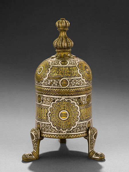 Incense Burner, Brass, gold, silver, and black compound, Mamluk 