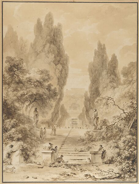 Italian Garden with Cypresses, Jean Honoré Fragonard (French, Grasse 1732–1806 Paris), Brush and brown wash with touches of white gouache over black chalk 