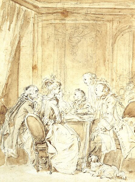 In the Salon of Aline, Marquise of Castelmont, Jean Honoré Fragonard (French, Grasse 1732–1806 Paris), Brown wash over black chalk underdrawing 