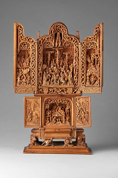 Miniature Altarpiece with Jesus Carrying the Cross, the Crucifixion, the Descent from the Cross, and the Resurrection, Boxwood; leather case, Netherlandish 
