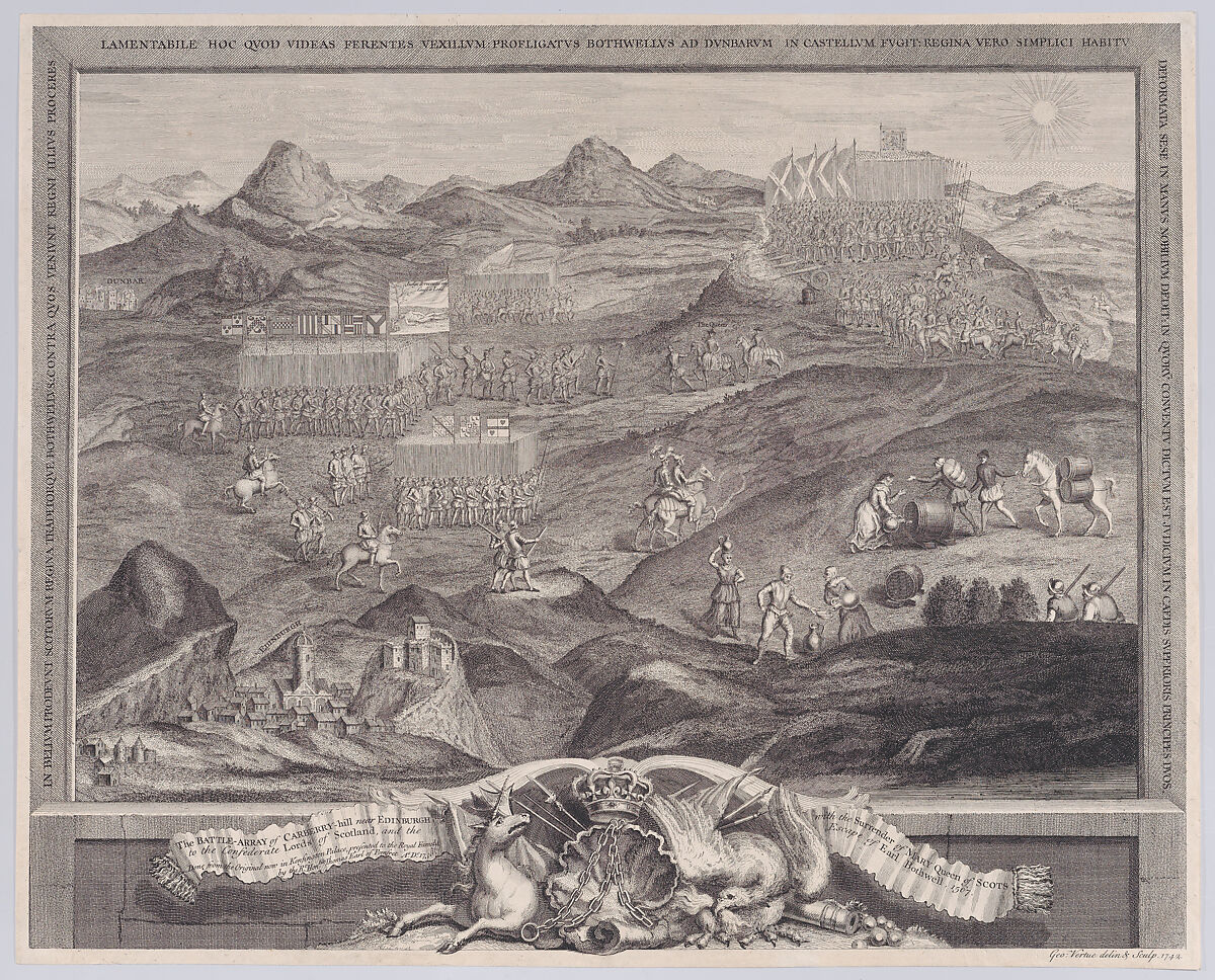 The Battle-Array of Carberry-hill near Edinburgh with the Surrender of Mary Queen of Scots to the Confederate Lords of Scotland, and the Escape of Earl Bothwell, George Vertue (British, London 1684–1756 London), Etching and engraving 