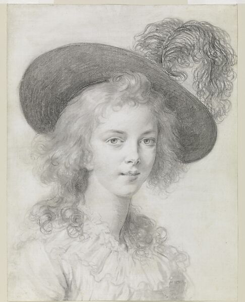 Self-Portrait in a Straw Hat with a Plume, Elisabeth Louise Vigée Le Brun (French, Paris 1755–1842 Paris), Black chalk, stumping, and charcoal on paper 