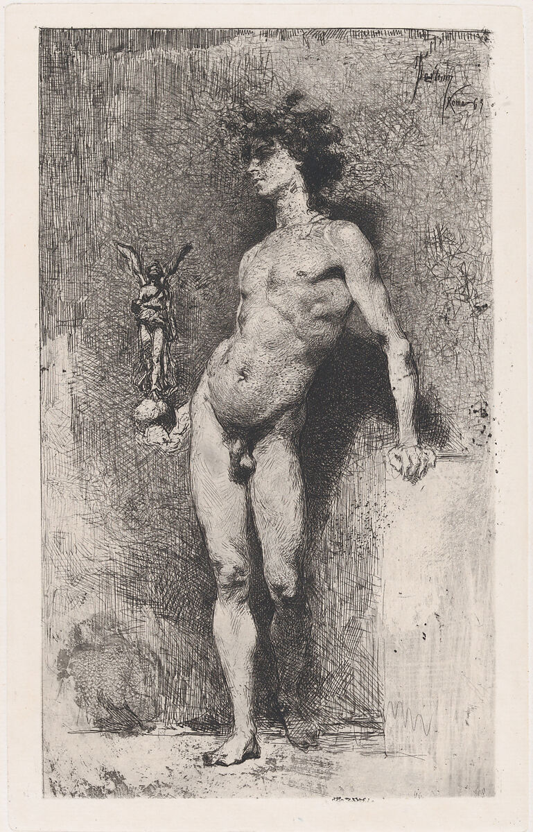 Victory: a naked youth standing facing left holding a statue of winged Victory in his right hand, Mariano Fortuny, 1838–1874 (Spanish, 1838–1874), Etching 