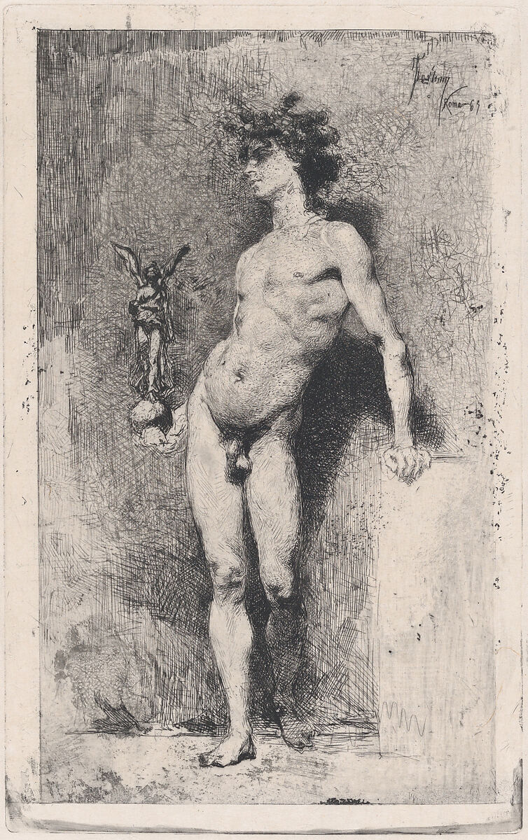 Victory: a naked youth standing facing left holding a statue of winged Victory in his right hand, Mariano Fortuny, 1838–1874 (Spanish, 1838–1874), Etching and dry point 