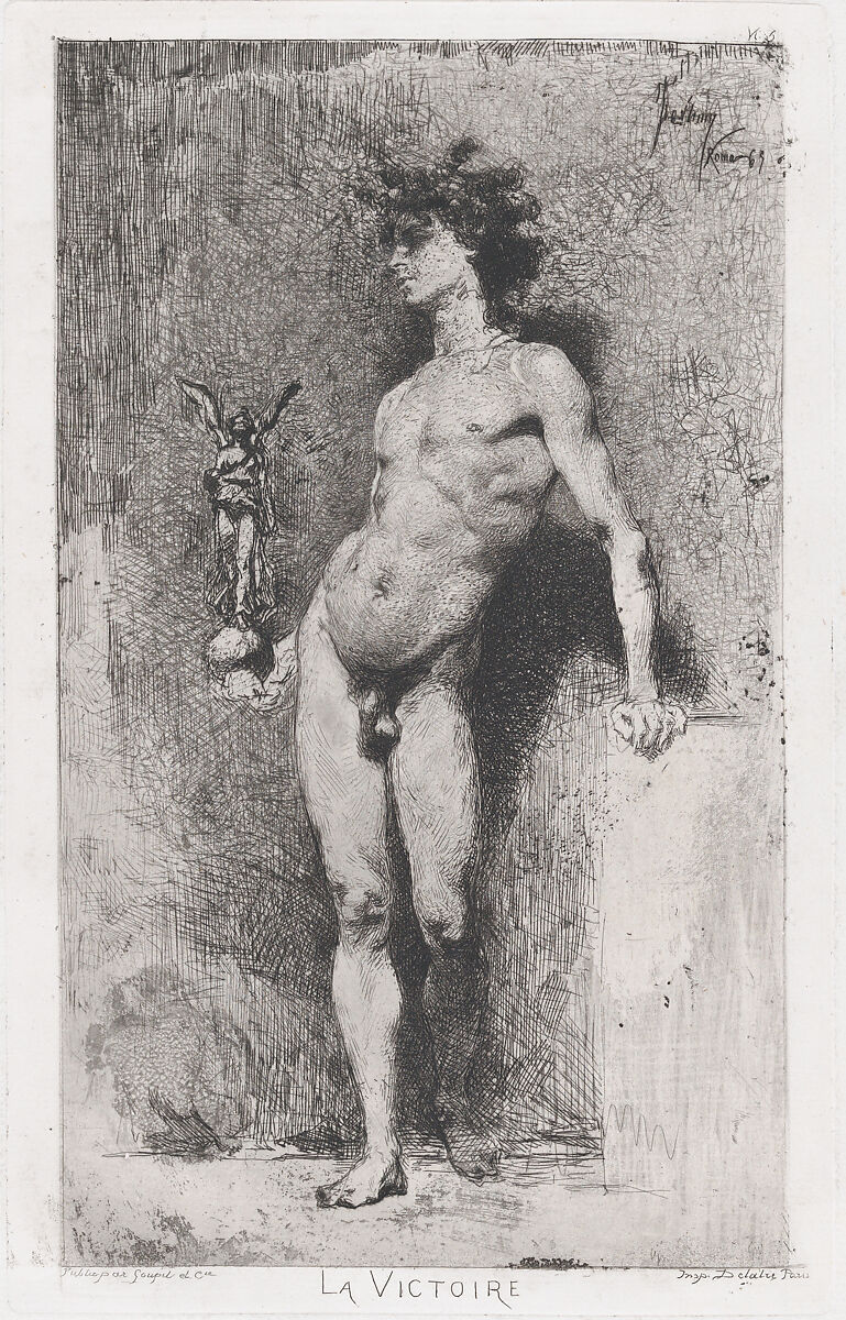 Victory: a naked youth standing facing left holding a statue of winged Victory in his right hand, Mariano Fortuny, 1838–1874 (Spanish, 1838–1874), Etching 