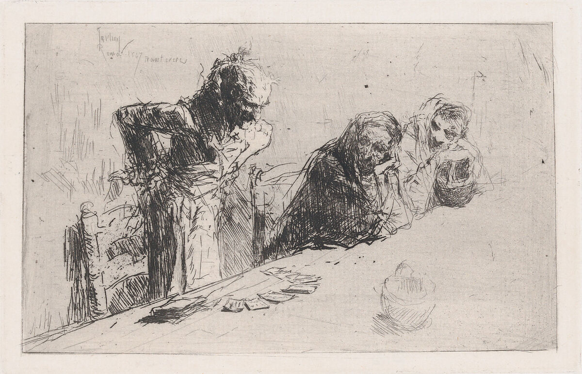 Cardplayers: three men, two seated one standing before a spread of cards on a table, Mariano Fortuny, 1838–1874 (Spanish, 1838–1874), Etching 
