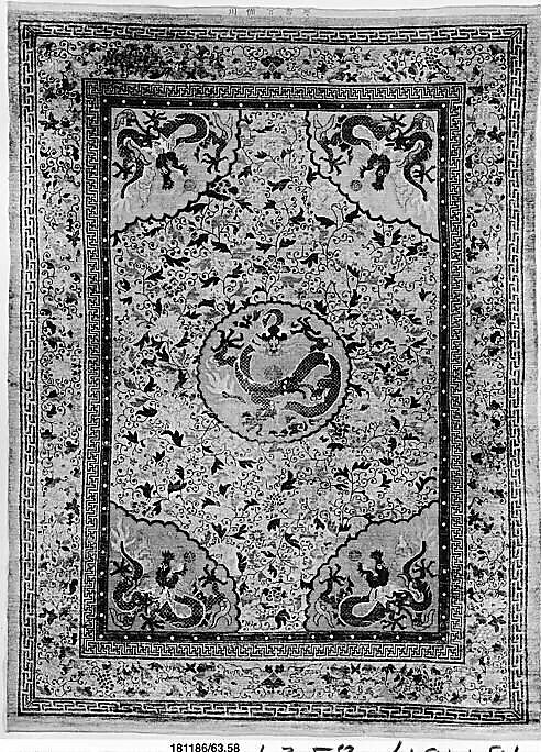 Rug, Silk pile, wrapped metal on cotton warp and weft, China 
