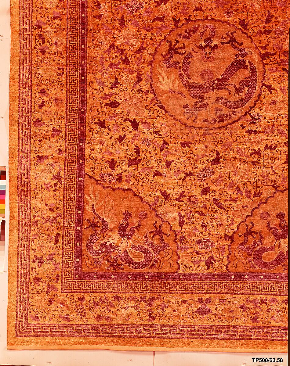 Rug, Silk pile, wrapped metal on cotton warp and weft, China