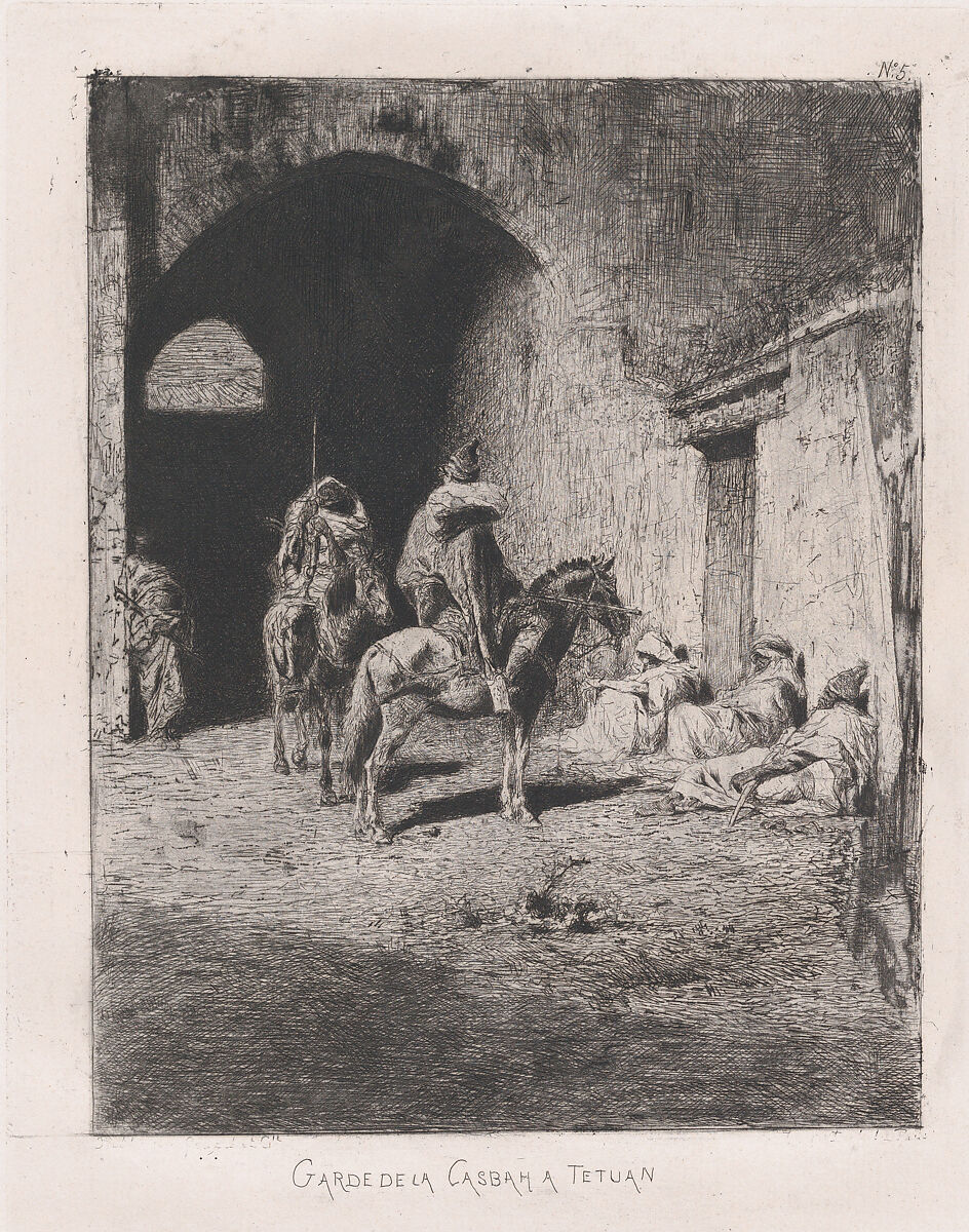 Entrance to the Kasbah in Tetuan, figures sitting on the ground, others on horseback, Mariano Fortuny, 1838–1874 (Spanish, 1838–1874), Etching 