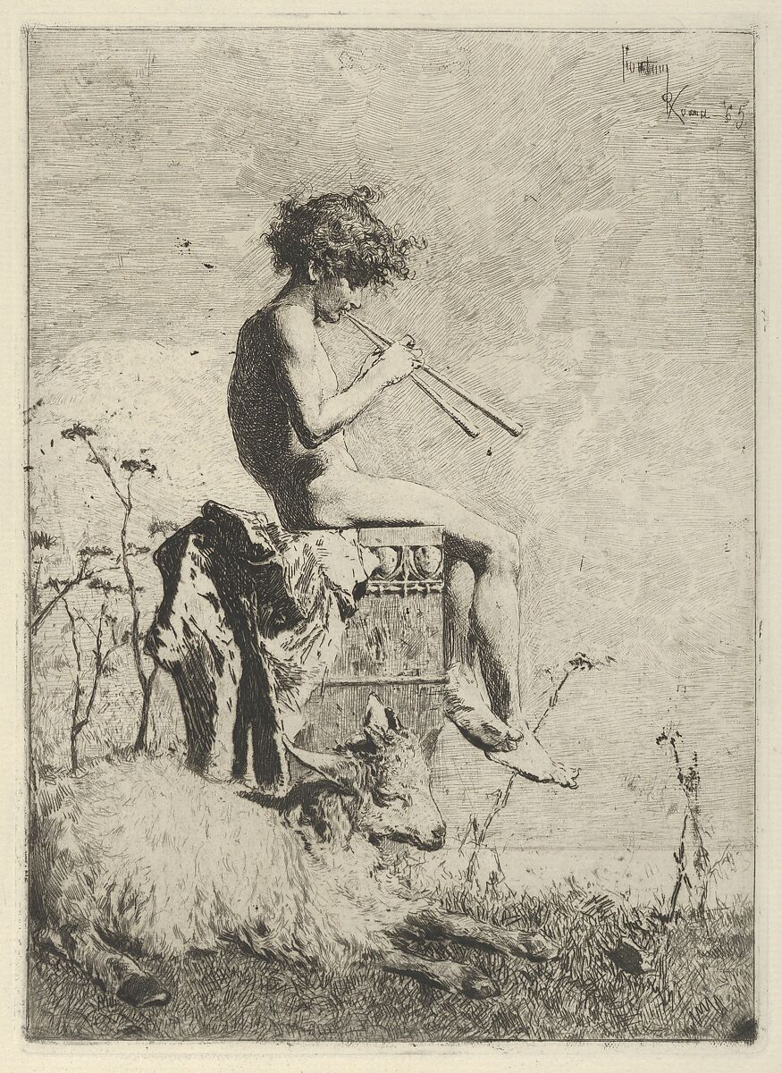 Idyll: a naked youth seated outdoors on a plinth playing a double flute, a goat on the ground before him, Mariano Fortuny, 1838–1874 (Spanish, 1838–1874), Etching 